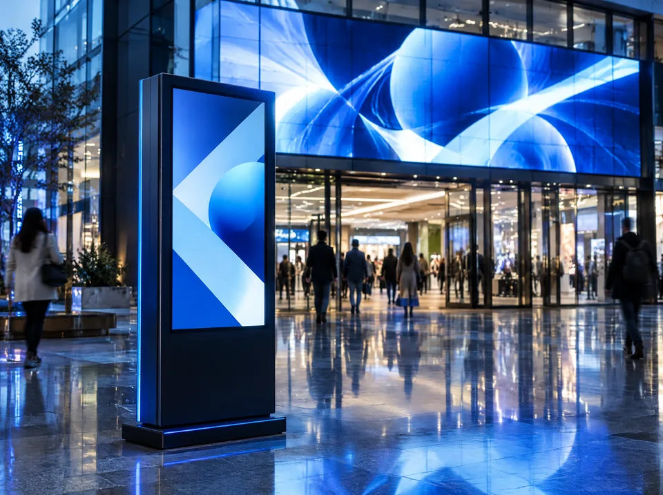 Tótem digital y pantalla LED publicitaria en el ingreso de un centro comercial (imagen ilustrativa)