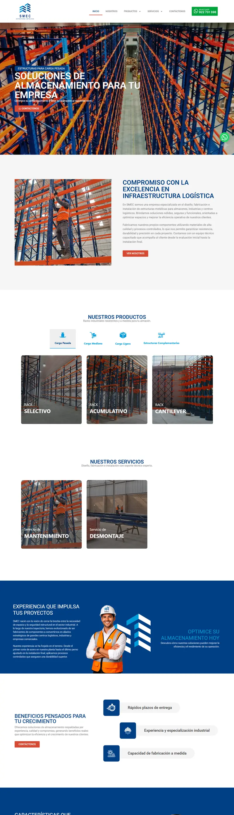 Página web de SMEC Estructuras Metálicas, hecha por Avii Perú