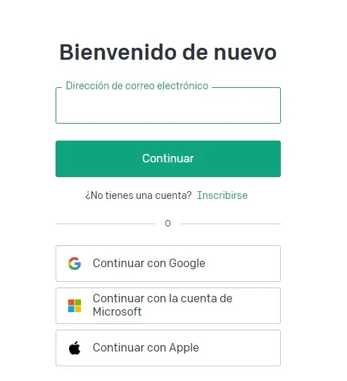 Pantalla de acceso de ChatGPT con campo de correo y botones para continuar con Google, Microsoft o Apple