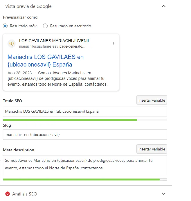 Campos de título SEO, descripción y slug con marcadores en Page Generator Pro