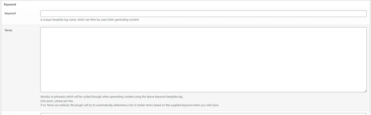 Formulario Add Keyword de Page Generator Pro con el nombre y los valores