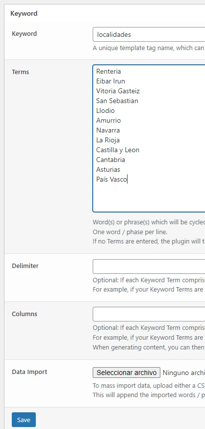 Lista de ubicaciones cargada como valores de un Keyword en Page Generator Pro