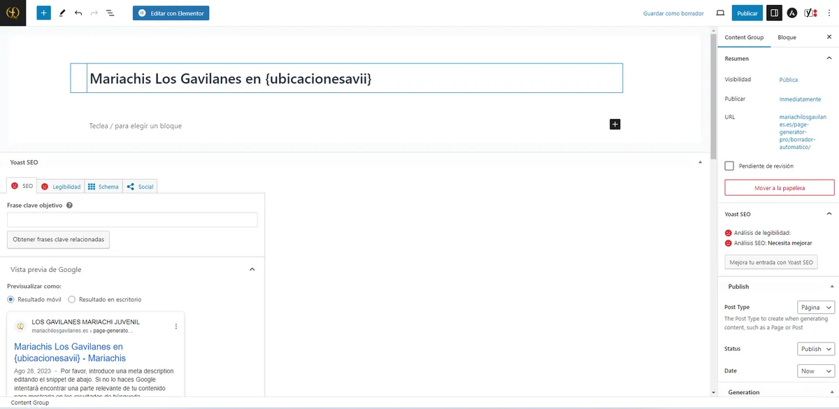 Configuración del título con el marcador de ubicación entre llaves en Page Generator Pro