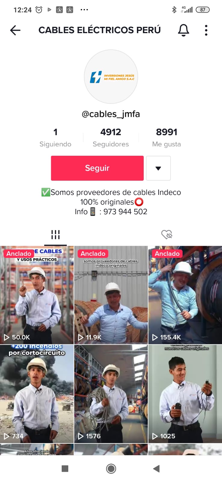 foto de la cuenta de tiktok y videos de la empresa cables jmfa en lima